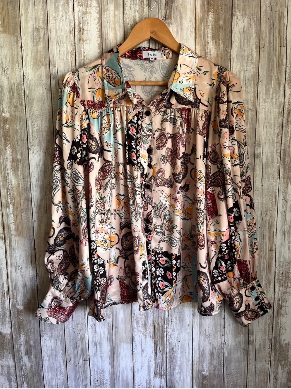 Fate Boho Paisley Floral Button Front Blouse Long Sleeve Top Medium - Picture 3 of 9